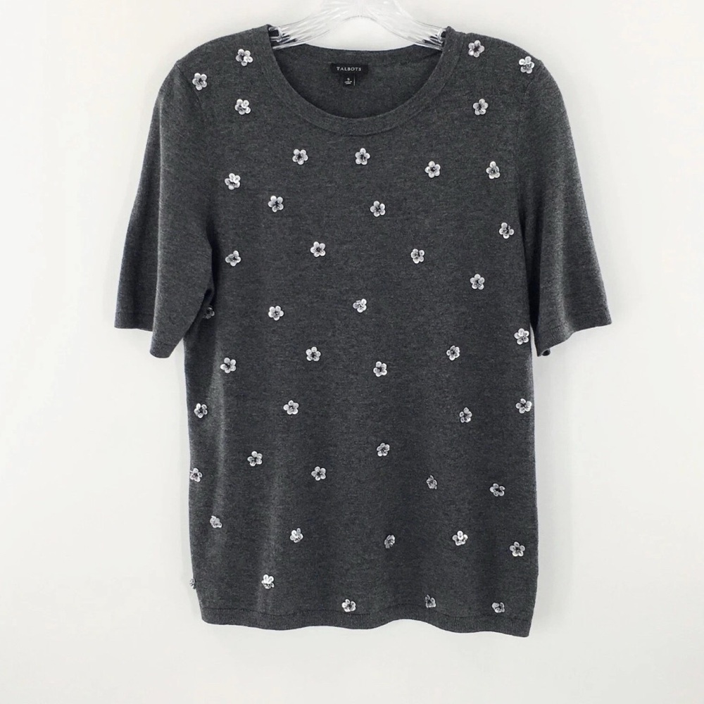 Talbots Womens Short Sleeve Sweater Grey Sequin Floral Embellished Cotton Sz M
